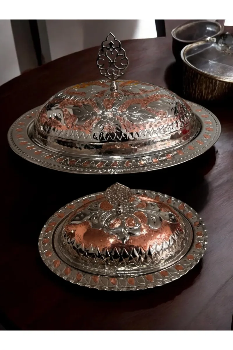 Desenli Bakır kayık tabak takımı 35 ve 20 cm