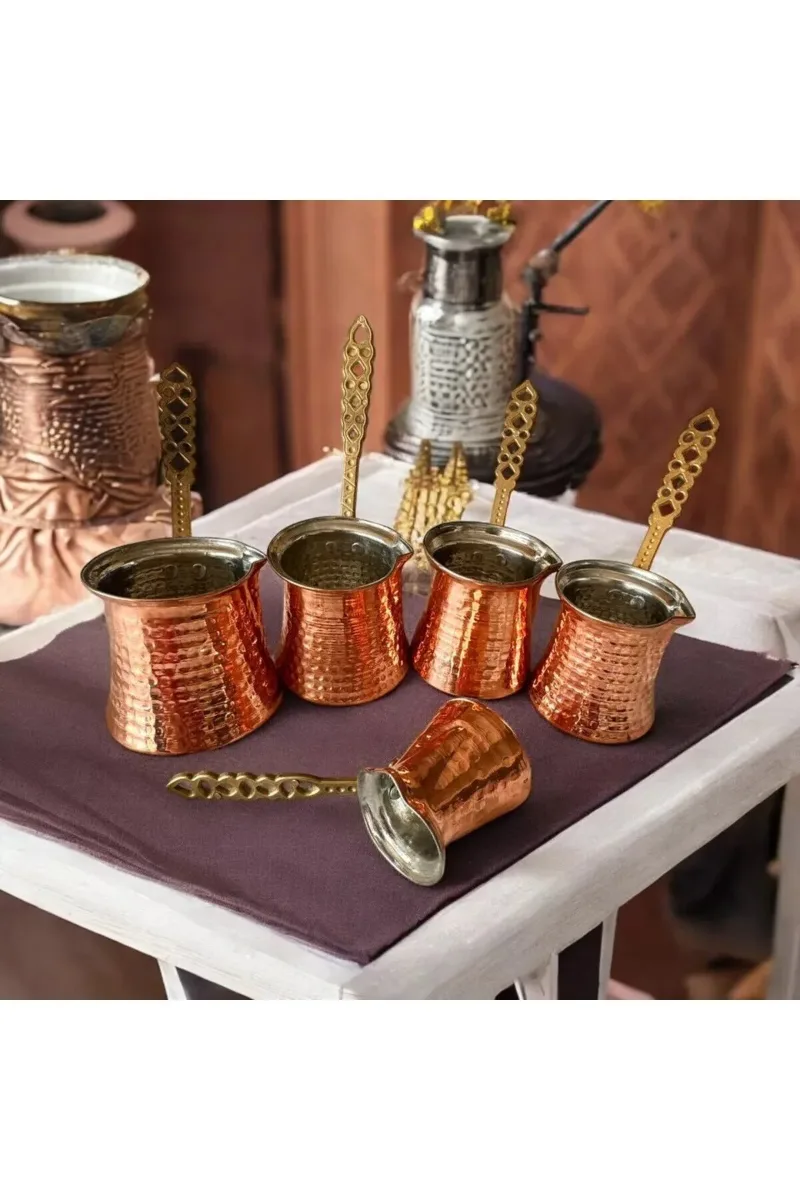 Bakır Cezve Takımı 5 li Set 1-5 Numara El Yapımı Çekiç Dövme