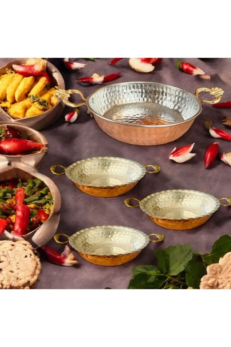 Bakır Tava Takım Sunumluk 4’lü Tabak Sahan Kahvaltı Tavası