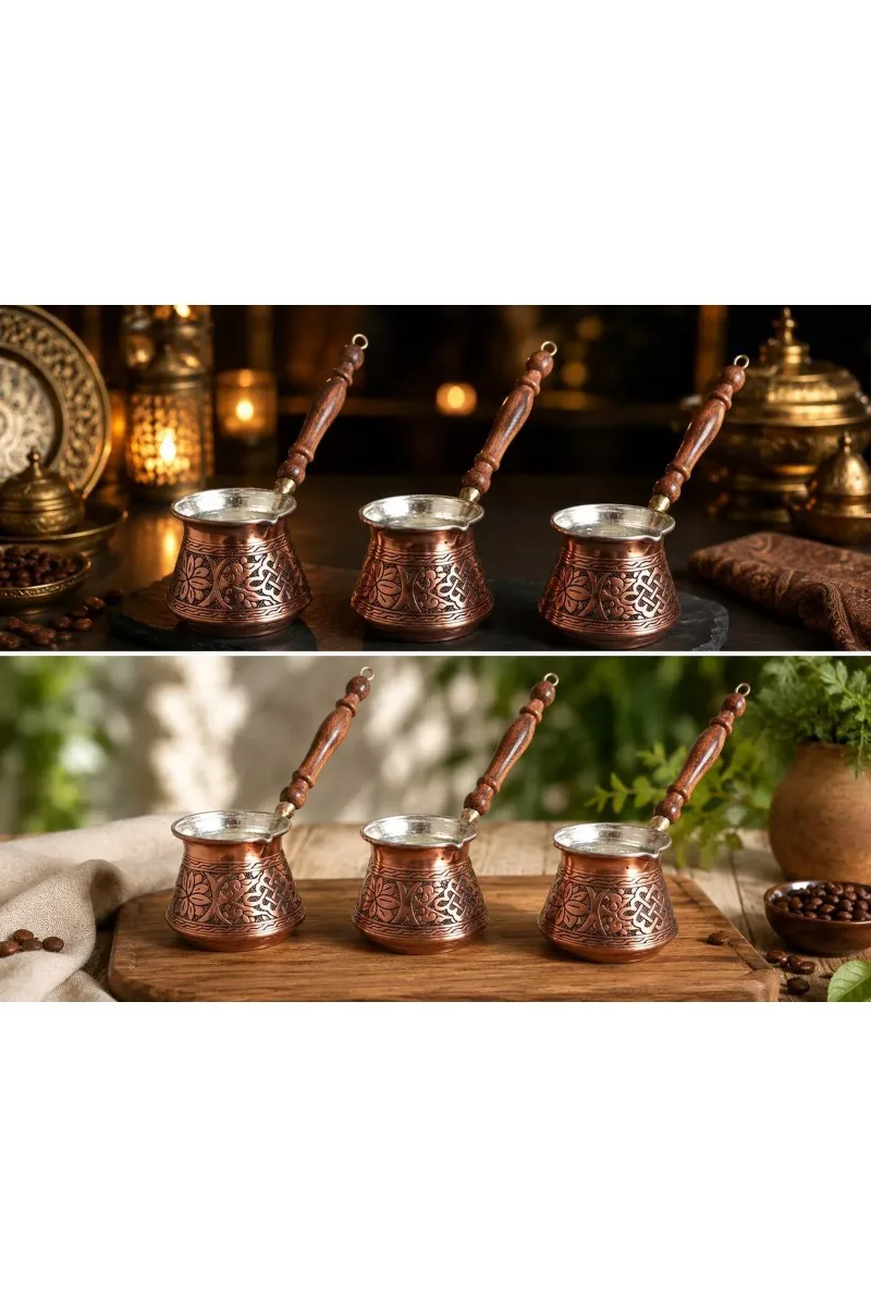 Bakır Cezve seti ağır işlemeli 3 lü