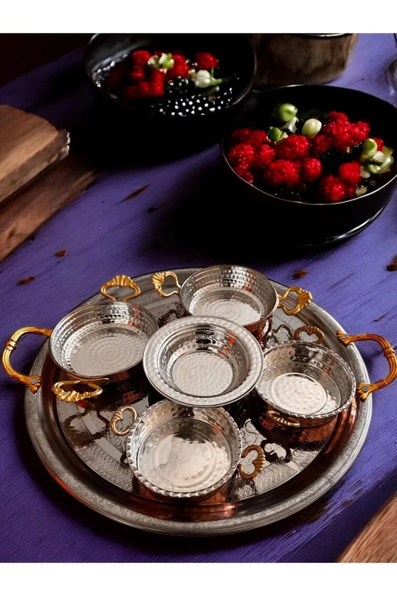Bakır Kahvaltılık Sahan Tava Takımı Sunum Tabağı Tepsi 6 Parça