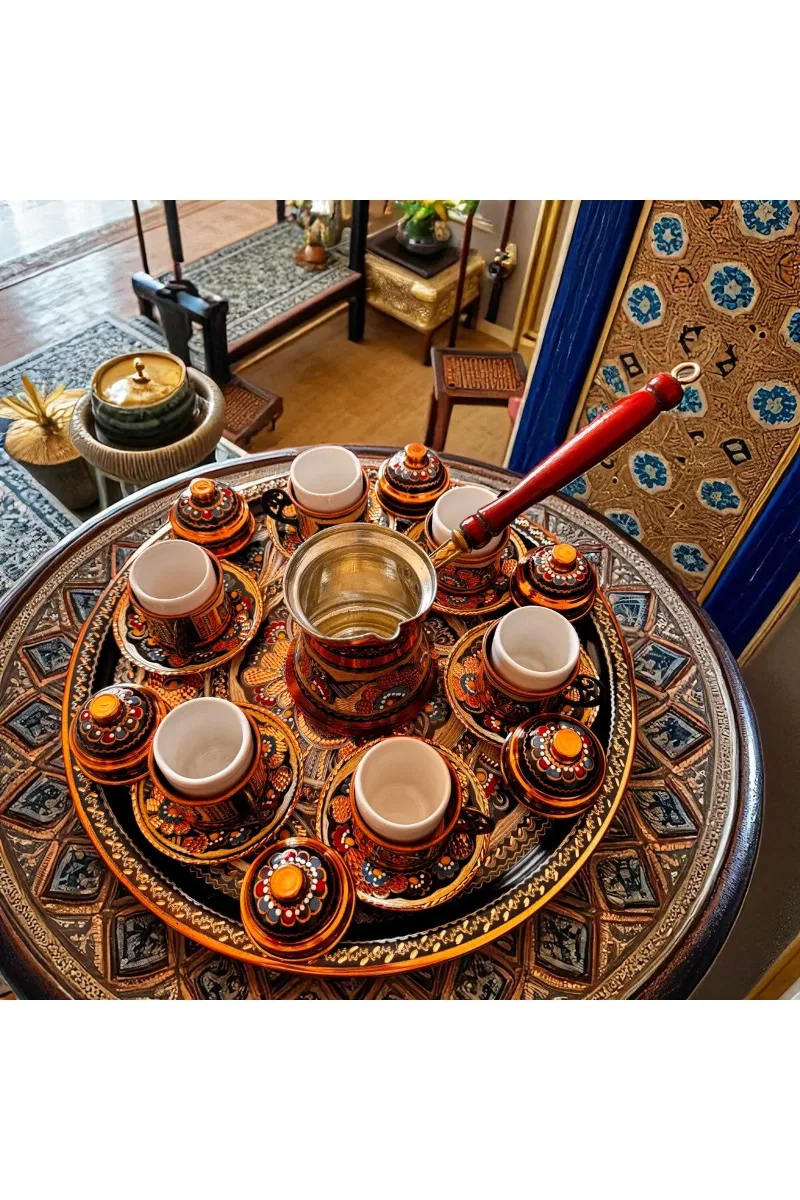 Erzincan işlemeli Bakır cezve tepsi kahve takımi 6 kişilik