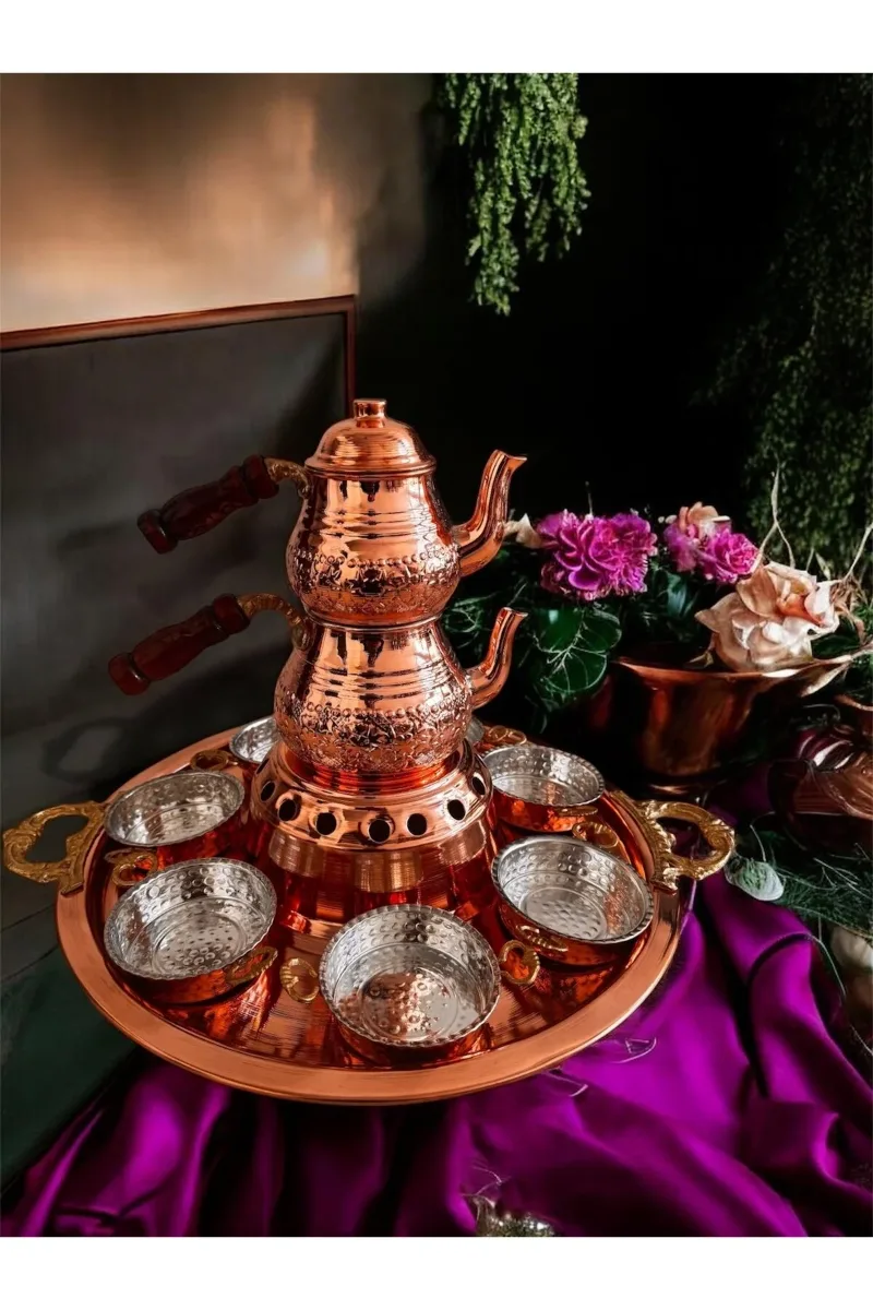 Bakır Çaydanlıklı Saahan Tava Sunum tepsili 4 kişilik Kahvaltı Yemek takımı
