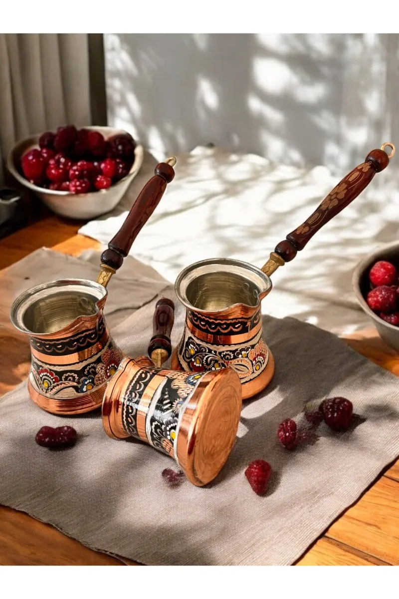 Bakır cezve takımı 3 lü Erzincan işlemeli desenli set