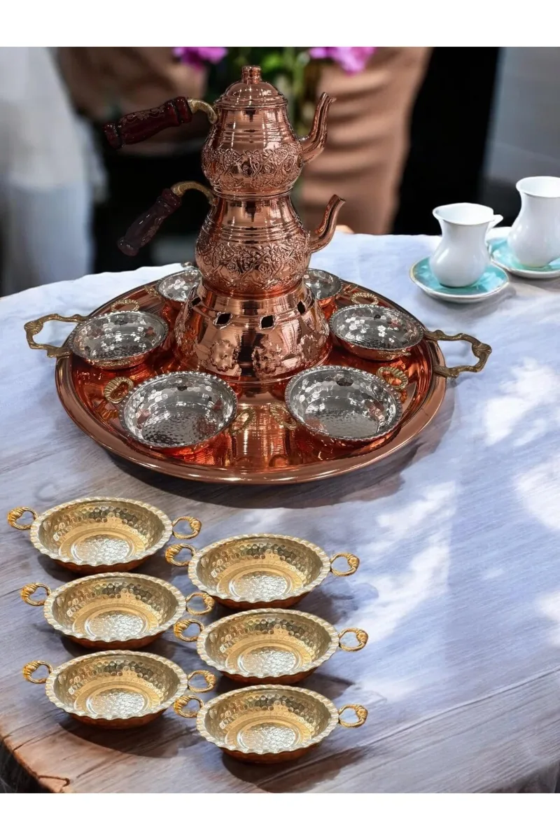 Bakır Çaydanlıklı Sahan Tava Sunum tepsili Kahvaltı takımı Yemek seti