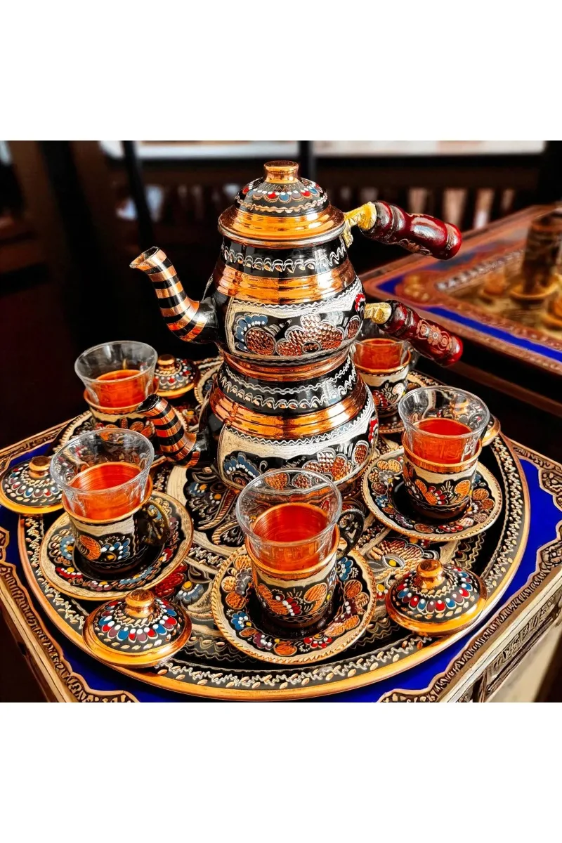 Bakır çaydanlık çay bardağı tepsi seti