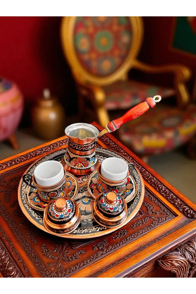 Bakır kahve fincanı tepsi cezve 2 kişilk takım