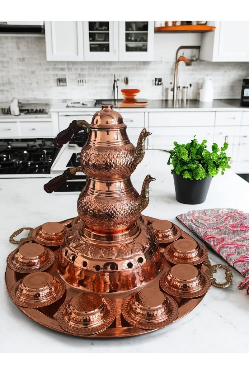 Bakır Çaydanlıklı Sahan Tava Sunum tepsili 6- 8 kişilik Kahvaltı Yemek takımı