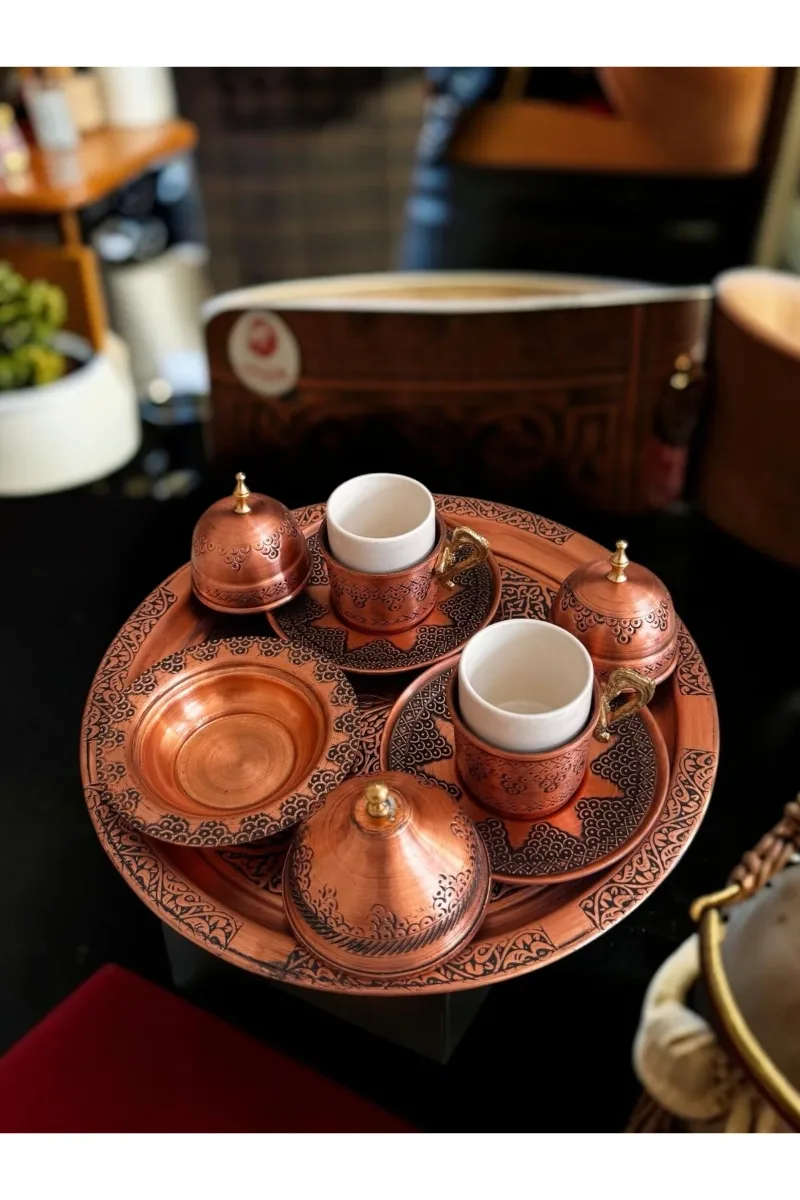 Bakır kahve fincanı takımı tepsi lokumluk