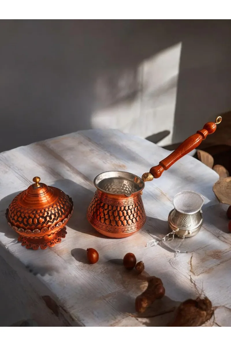 Bakır cezve şekerlik işlemeli 2 li set