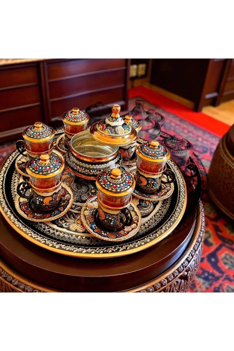 Bakır Çay bardağı 6 adet tepsi şekerlik takım