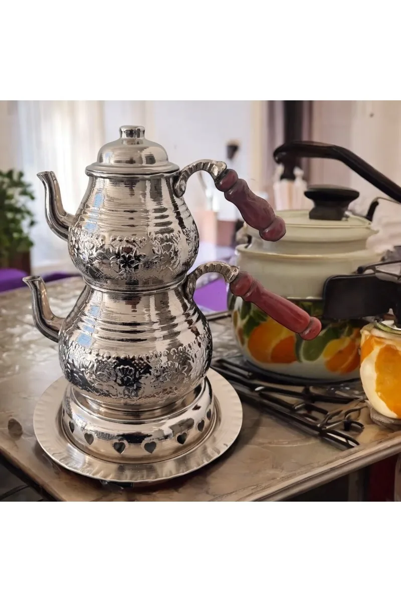 Ocaklı Gümüş renk Bakır çaydanlık Büyük boy