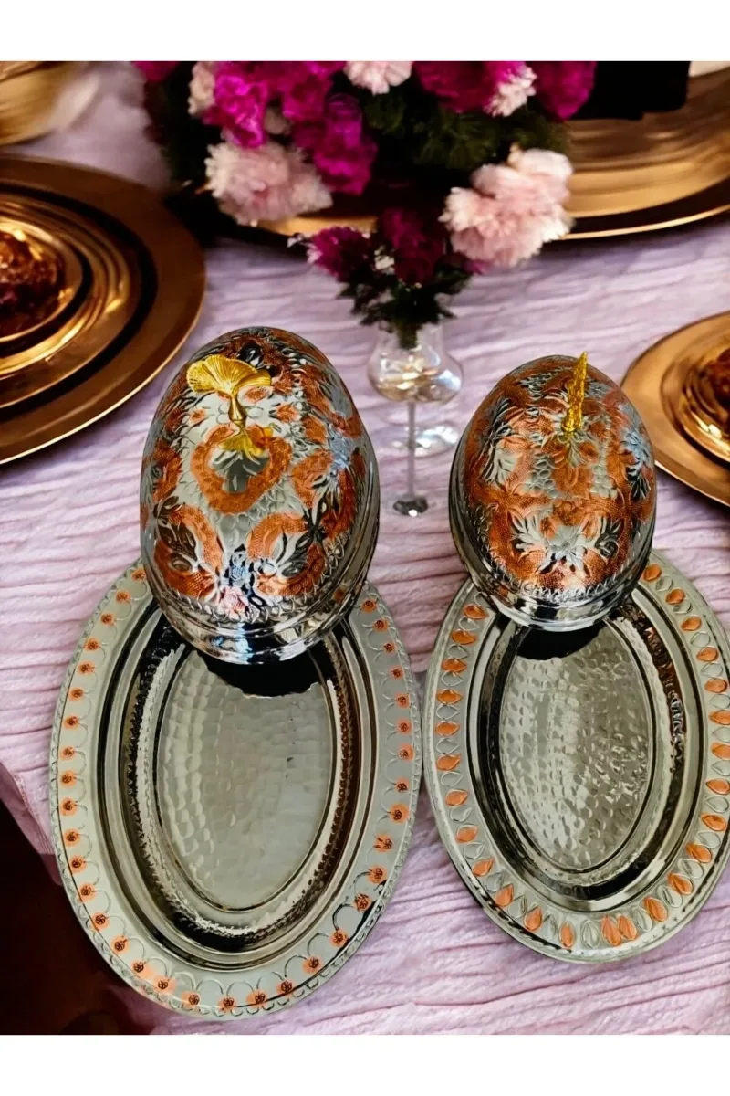 Desenli Bakır kayık tabak takımı 35 ve 40 cm