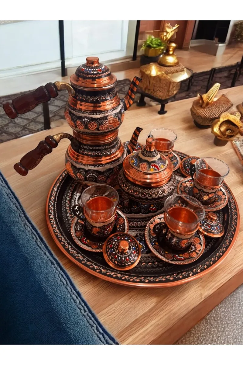 Bakır İşlemeli çaydanlık çay bardağı tepsi şekerlik seti