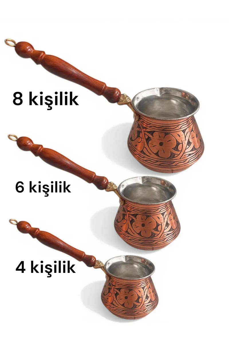 Cezve takımı Bakır ağır işlemeli çiçek oyma 3 lü set
