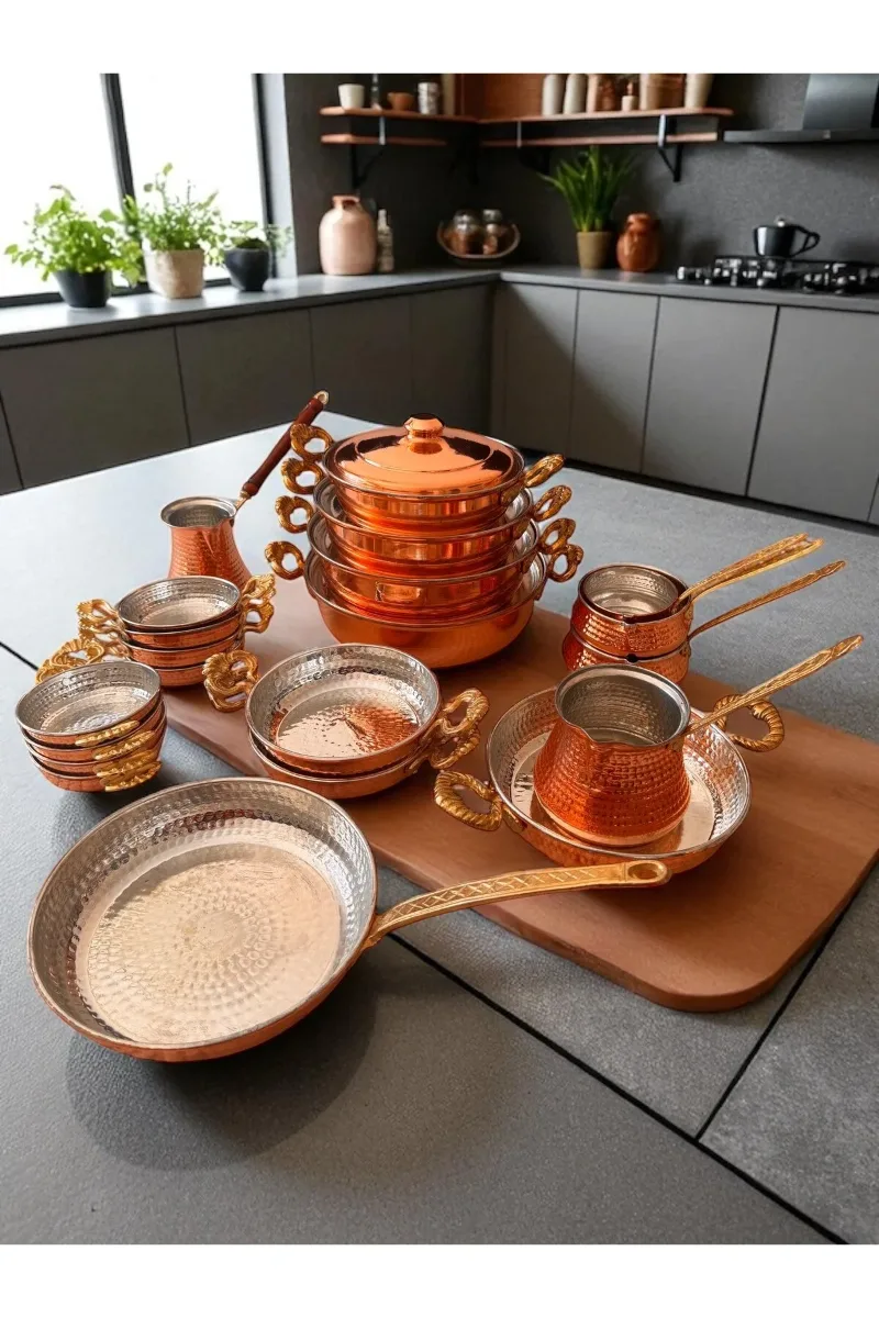 Bakır 19 adet Mega Set Tencere Tava Sahan Cezve