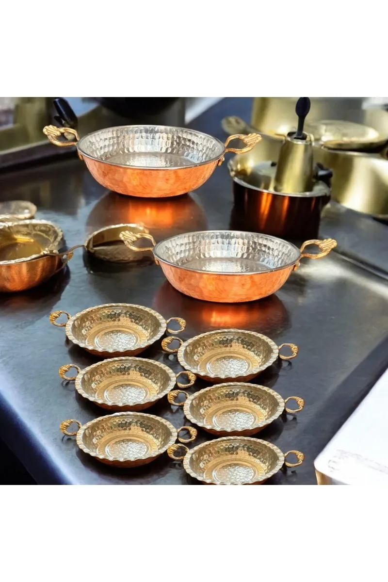 Bakır menemen omlet kızartma tavası sunumluk 8 Parça takım